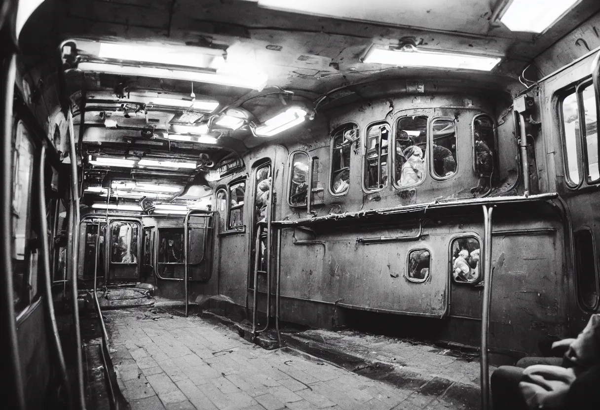 Prompt: a photo of a busy subway wagon, there is a huge monster octopus on the interior, tentcles creeping in thrugh the windows and gaps, people are scared and screaming while trying to flee through the windows, 1 6 mm lens,