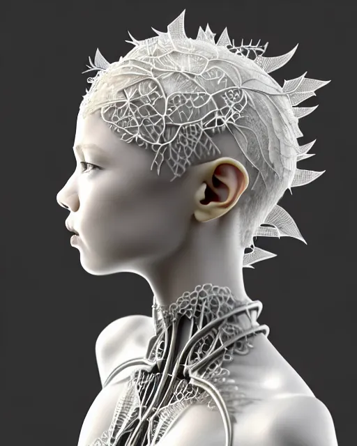 Image similar to bw 3 d render, stunning beautiful little girl angelic cute biomechanical albino female cyborg with a porcelain profile face, rim light, big leaves and stems, roots, fine foliage lace, alexander mcqueen, art nouveau fashion embroidered collar, steampunk, silver filigree details, hexagonal mesh wire, mandelbrot fractal, elegant, artstation trending