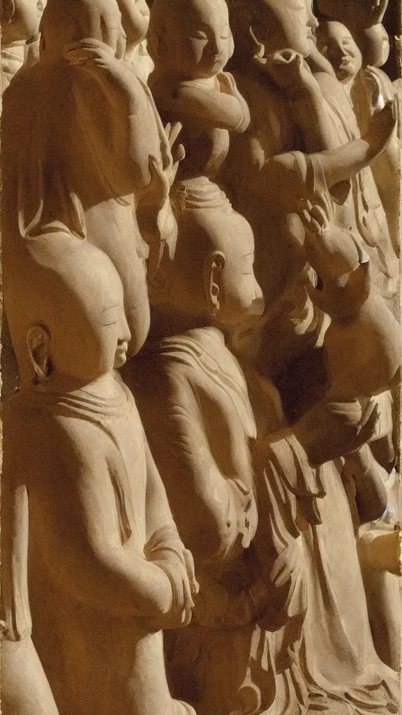 Image similar to a crowd of people pray a rabbit budda statue by john singer sargent