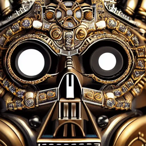 Image similar to A close up symmetric steampunk darth vader mask with sparkling eyes made from ornate engraved full plate armor and Rolex gears and jewels and gems, macro shot by Justin Gerard, unreal engine, detailed, intricate, physically based rendering