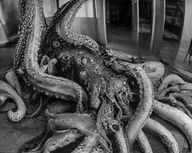 Image similar to camera footage of a extremely aggressive Giant mutated Octopus with glowing white eyes in an abandoned shopping mall, Psychic Mind flayer, Terrifying :7 , high exposure, dark, monochrome, camera, grainy, CCTV, security camera footage, timestamp, zoomed in, Feral, fish-eye lens, Fast, Radiation Mutated, Nightmare Fuel, Wolf, Evil, Bite, Motion Blur, horrifying, lunging at camera :4 bloody dead body, blood on floors, windows and walls :5