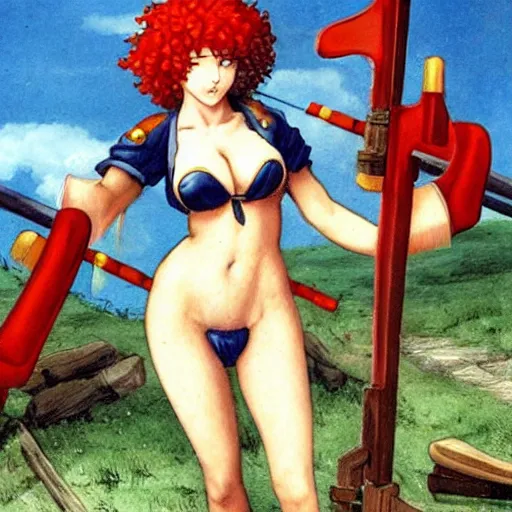 Prompt: 1 5 th century ronald mcdonald siege weapons with pretty anime girl in bikini