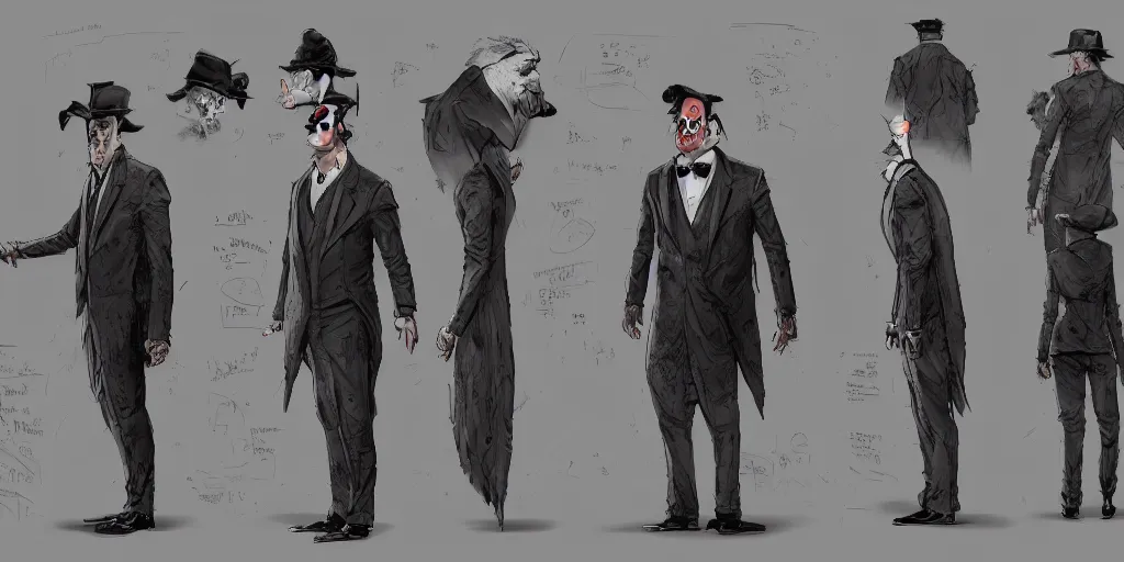 Image similar to the penguin cobblepot, character sheet, concept design, contrast, kim jung gi, greg rutkowski, zabrocki, karlkka, jayison devadas, trending on artstation, 8 k, ultra wide angle, pincushion lens effect