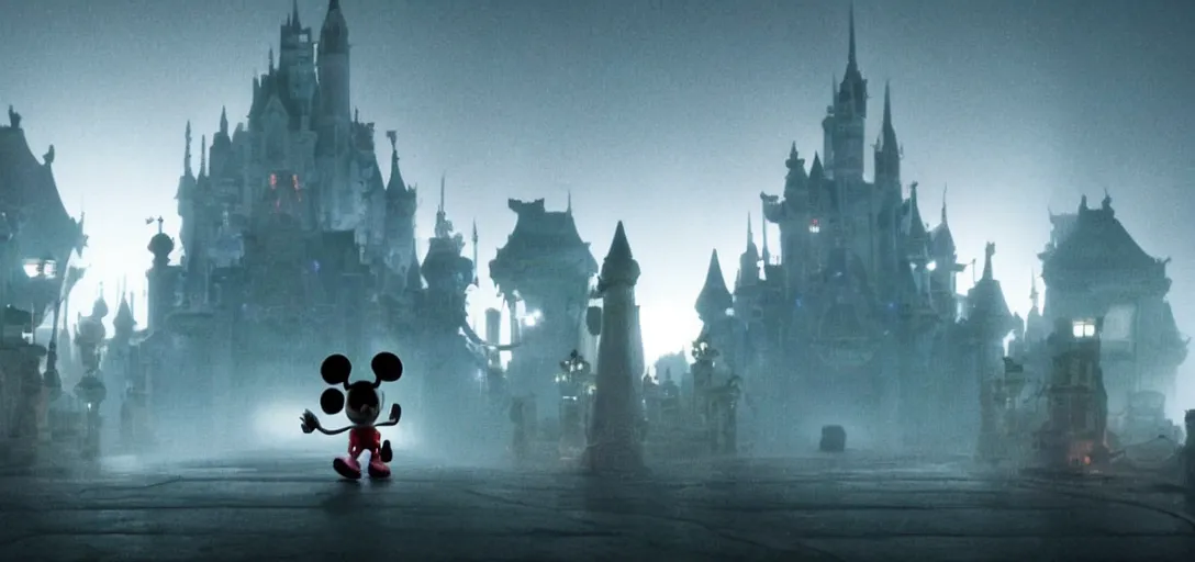 Image similar to evil epic mickey mouse walking out from epic temple, foggy, cinematic shot, photo still from movie by denis villeneuve, wayne barlowe