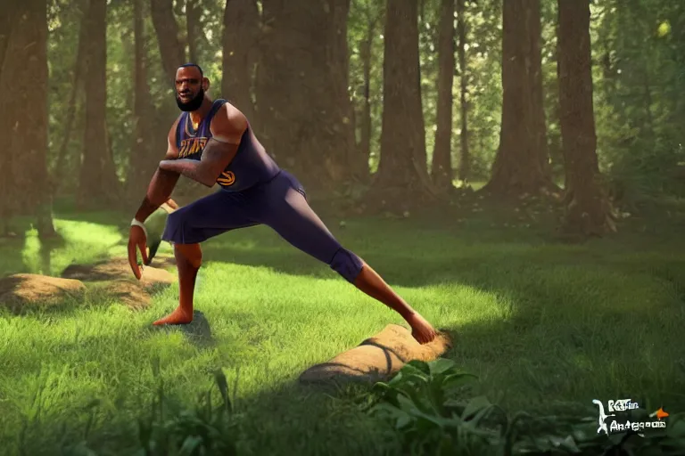 Image similar to lebron james doing yoga in the forest, still from a pixar movie, high quality 3 d render, movie, pixar, renderman, 4 k, artstation