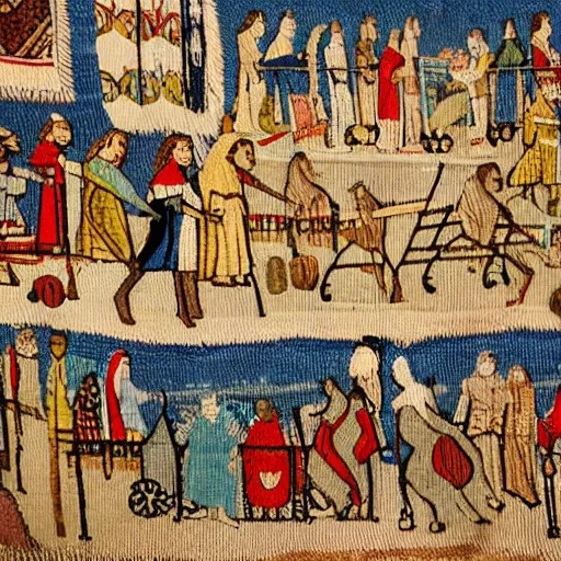 Prompt: a medieval tapestry of people shopping at walmart!!, shopping carts!!, old, tissue, embroidery, handmade, drawings, old english text, professional photography