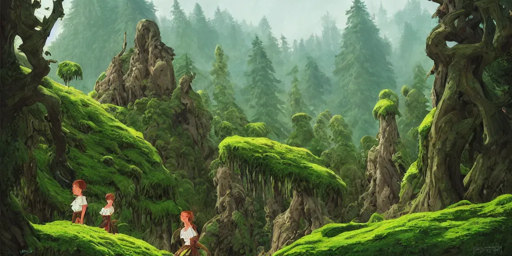 Image similar to a 2 d forest background in transylvania, rocks, dead trees, castle in the background, moss, in the style of studio ghibli, j. c. leyendecker, greg rutkowski, artgerm