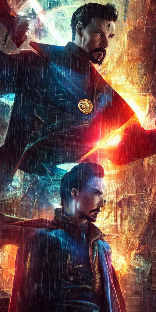 Image similar to cyberpunk, dr strange, photograph, cyborg, robot,, cinematic,