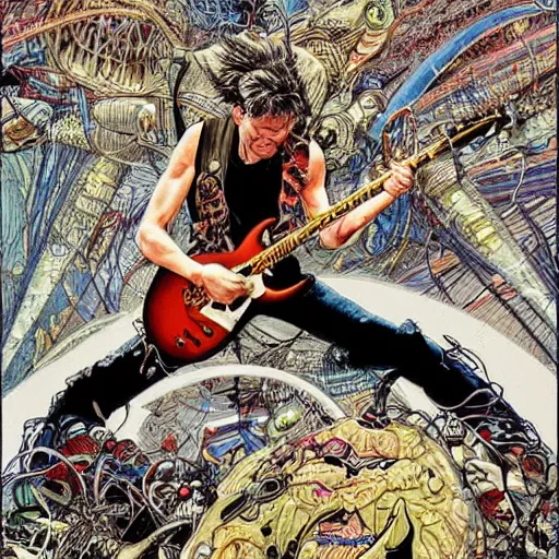 Prompt: A stunning illustration of eddie van halen playing guitar on stage, hyperdetailed mixed media artwork combining the styles of Micheal Kaluta and Geof Darrow, wild power, frantic excitement, emotional release, cathartic headbanging, perfectly symmetrical facial features, 8k, deeply detailed, cinematic lighting