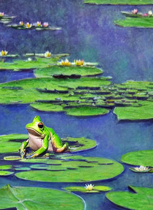 Image similar to close - up of a smiling frog in the pond with water lilies, medieval castle on background, shallow depth of field, highly detailed, ominous, digital art, masterpiece, matte painting, sharp focus, matte painting, by isaac levitan, monet, asher brown durand,