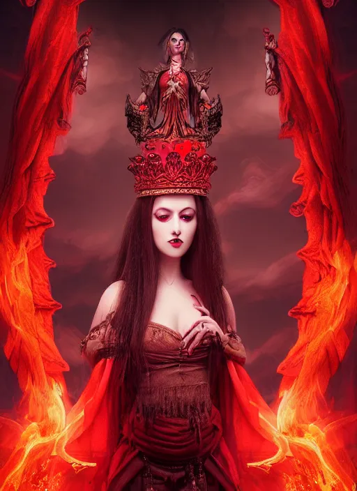 Prompt: a beautiful detailed 3 d matte painting, variations around female, queen, necromancer, symmetrical features, vertical portrait, whirling smoke, embers, red adornements, red torn fabric