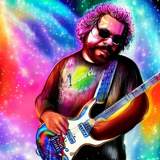 Image similar to a Jerry Garcia guitarist playing so intensely there is electricity shooting out from his guitar, energy beams under his finger tips, and magic sparkles from the freboard, amazing ditial art, trending on artstation, featured on deviantart