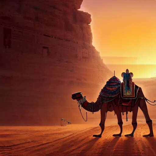 Image similar to an african moor wearing white robes pulling a robot camel through the valley of the kings, by greg rutkowski and android jones, oil on canvas, 8k, synthwave sunset