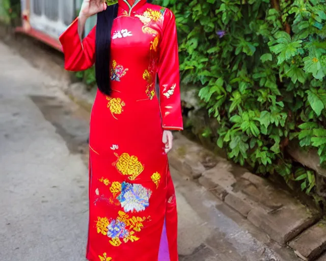 Prompt: pretty vietnamese woman with rainbow hair wearing a red ao dai