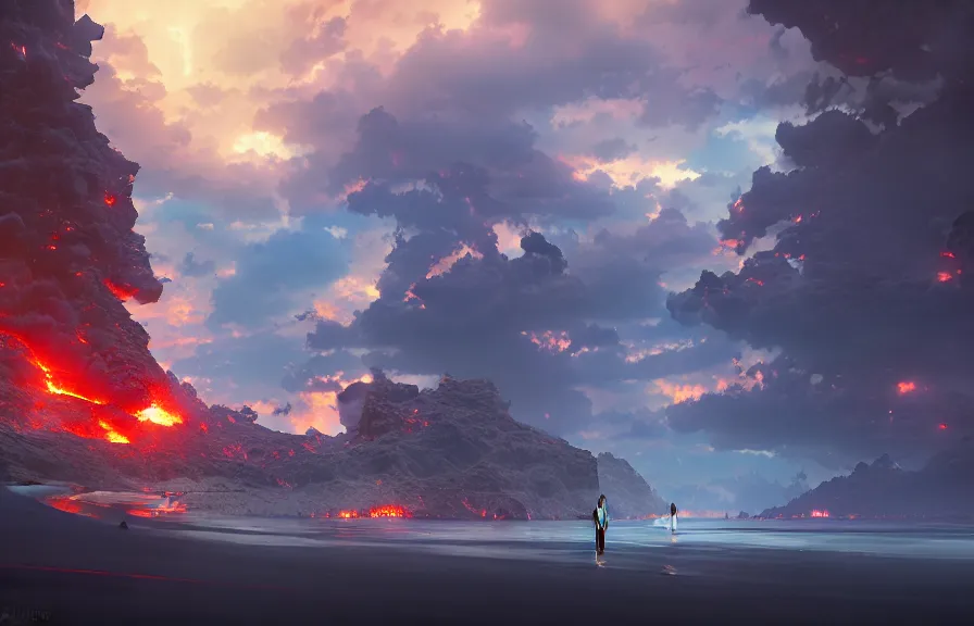 Prompt: makoto shinkai concept art of the lava bomb dimension, key visual, ambient lighting, highly detailed, digital painting, artstation, concept art, sharp focus, by makoto shinkai and akihiko yoshida and hidari and wlop and greg rutkowski