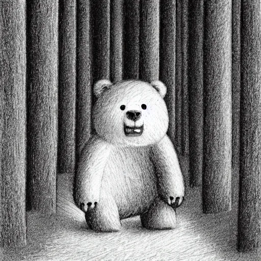 Prompt: charcoal drawing of a small bear about to enter a large hedge maze, the bear is white, illustrated by chris van allsburg, illustration, masterful, volumetric light, subdued, greyscale