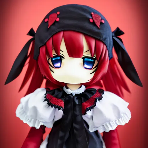 Prompt: cute fumo plush of a gothic maiden in a red and black uniform, laces and ribbons, soft shadow, anime girl, vray, white frame