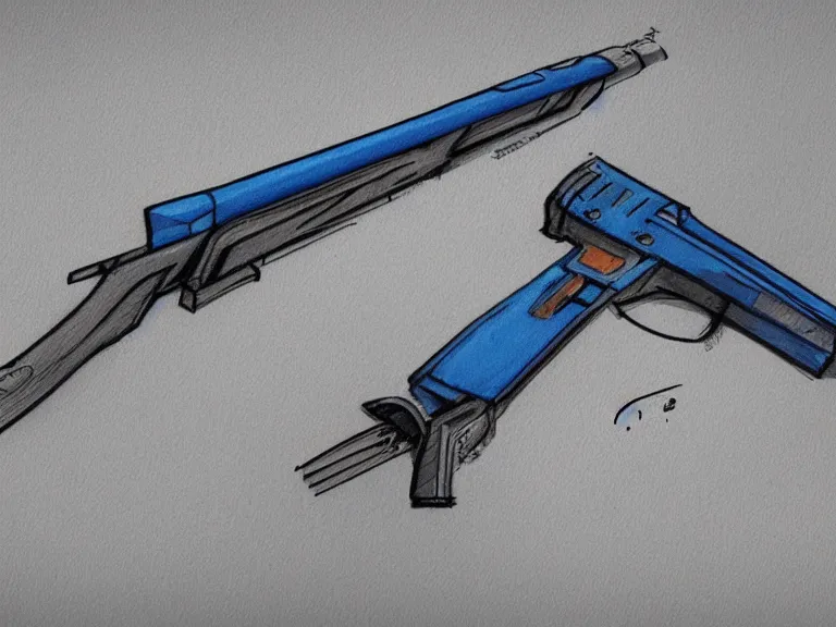 Image similar to blue prints, concept art of a gun and a knife combination.