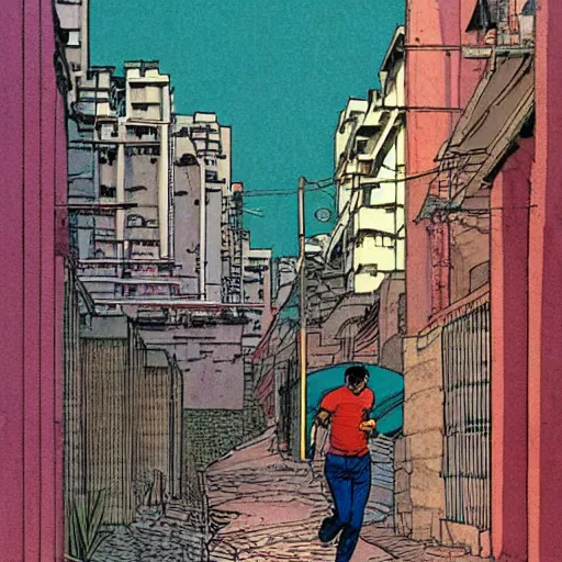 Prompt: a man running down an alley in hong kong, art by moebius