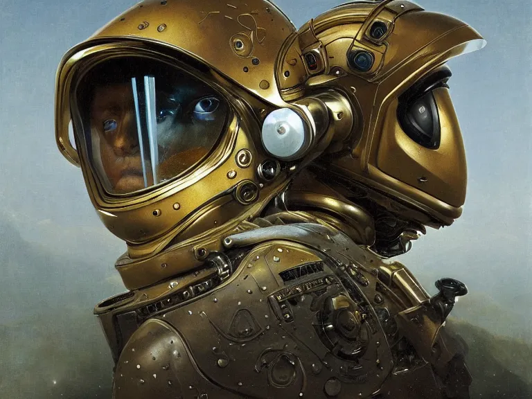 Prompt: a detailed profile oil painting of an explorer in a spacesuit with reflective helmet, flight suit, portrait symmetrical and science fiction theme with aurora lighting by beksinski carl spitzweg and tuomas korpi. baroque elements, full-length view. baroque element. intricate artwork by caravaggio. Trending on artstation. 8k