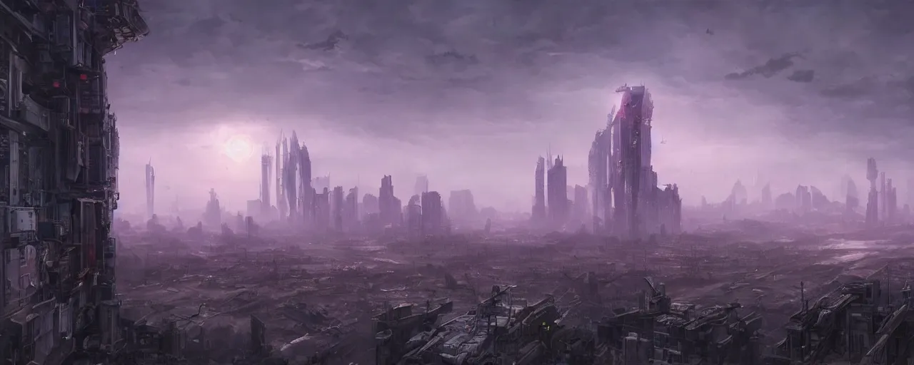 Image similar to Giant megacity looming across the landscape, dystopian, post apocalyptic, the sky is purple, very detailed concept art, matte painting, digital art, concept art, realistic beautiful, trending on Artstation, Greg Rutkowski