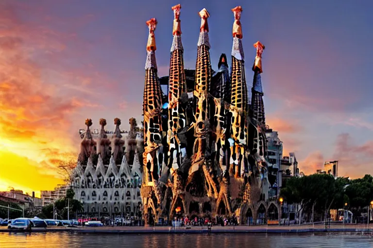 Image similar to views of catastrophic barcelona's sagrada familia covered with high water, global warming, floating cars, sunset lighting, photo real