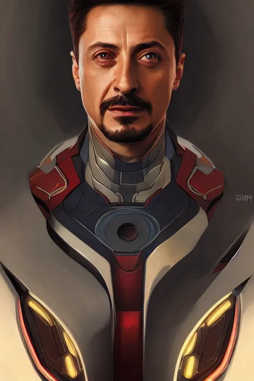 Image similar to vladimir zelensky is similar to tony stark, portrait, iron man, highly detailed, digital painting, artstation, concept art, smooth, sharp focus, illustration, cinematic lighting, art by artgerm and greg rutkowski and alphonse mucha