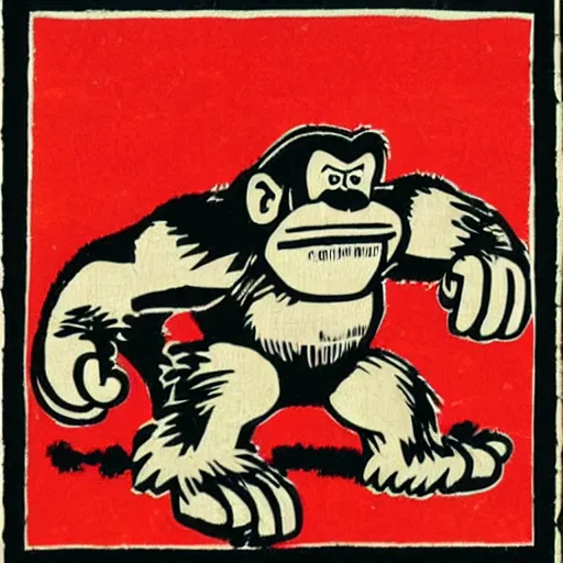 Prompt: Donkey Kong, in the style of a woodblock print.