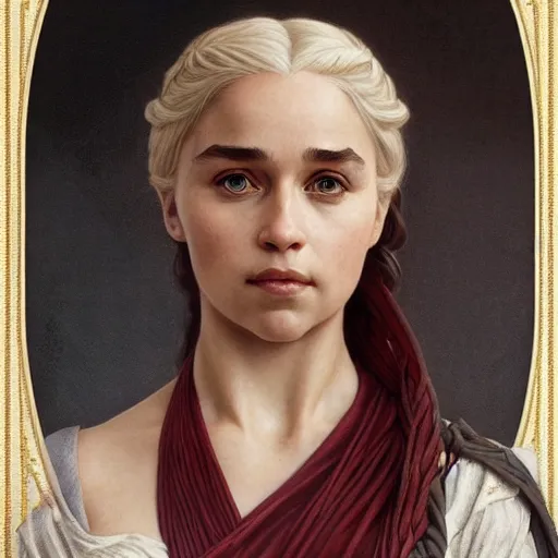 Image similar to portrait of daenerys, intricate, elegant, highly detailed, digital painting, artstation, concept art, smooth, sharp focus, illustration, art by artgerm and greg rutkowski and alphonse mucha and william - adolphe bouguereau