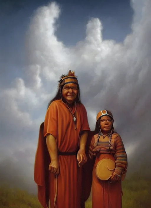 Prompt: portrait of a indigenous grandparents in the clouds, smiling, protection, benevolence, ancestors, art by christophe vacher