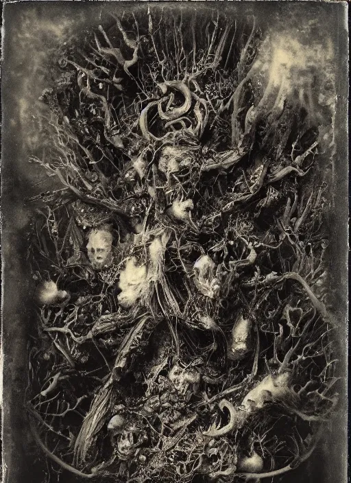 Image similar to old wetplate daguerreotype demons, devil, pain, anger, desolation, angel, explosion of data fragments, fractal, intricate, elegant, highly detailed, parallax, leica, medium format, subsurface scattering, by jheronimus bosch and greg rutkowski and louis jacques mande daguerre, brom