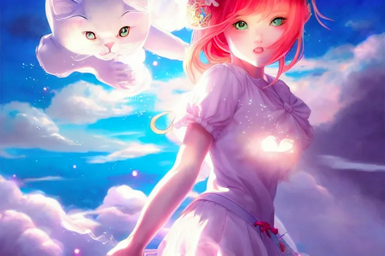 Image similar to bubbly lovely hopefully magical girl flying on the clouds with her kitty, occlusion shadow, specular reflection, rim light, unreal engine, artgerm, artstation, art by hiroaki samura and ilya kuvshinov and ossdraws, high quality, intricate detailed 8 k, fantasy illustration, extremely beautiful and aesthetic shape of face and body, movie poster