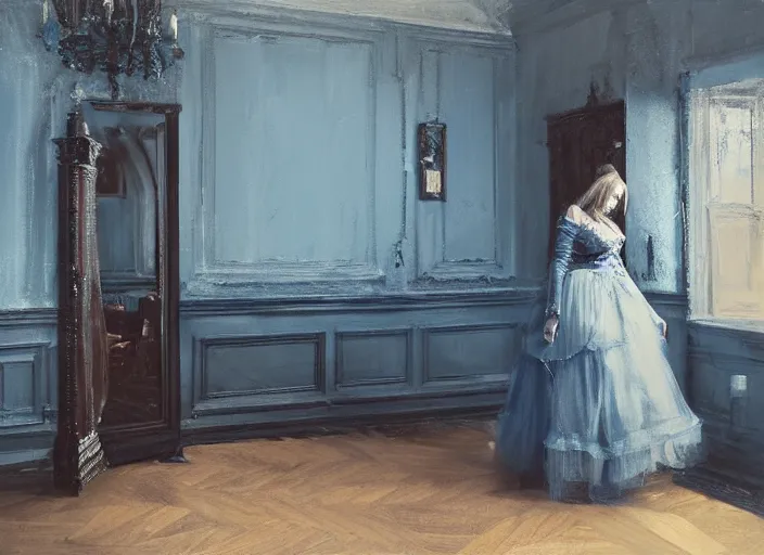 Image similar to portrait of woman in dress, detailed, by jeremy mann, gothic mansion room, blue tones, by alexander fedosav, wooden floor, digital artwork, paint, elegant