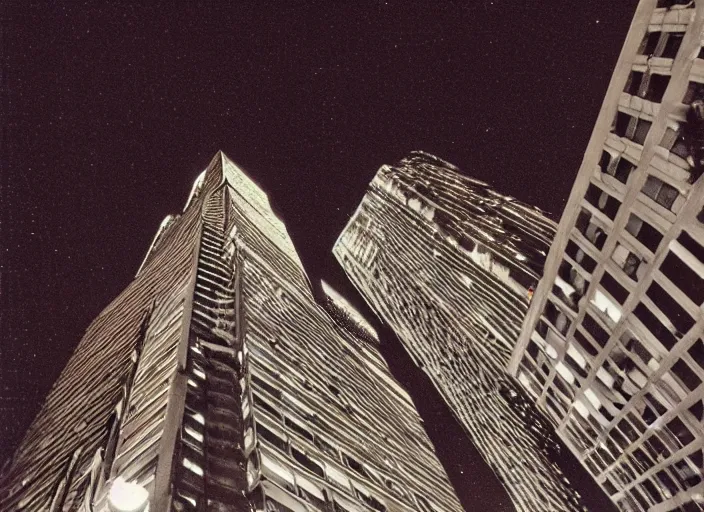 Prompt: looking up at a sprawling building complex seen from a dark parking lot in los angeles at night. 1 9 9 0 photo by james cameron