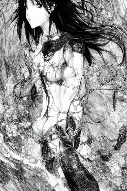 Image similar to a vertical portrait of a character in a scenic environment by Yoshitaka Amano, black and white, dreamy, cybernetic suit, wavy long black hair, highly detailed