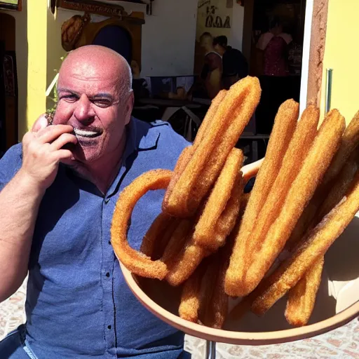 Prompt: thanos eating a churros at a bar in tharros ( sardinia ) - n 9