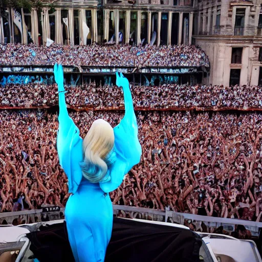 Image similar to Lady Gaga as Evita, Argentina presidential rally, Argentine flags behind, bokeh, epic photo, detailed, Argentina