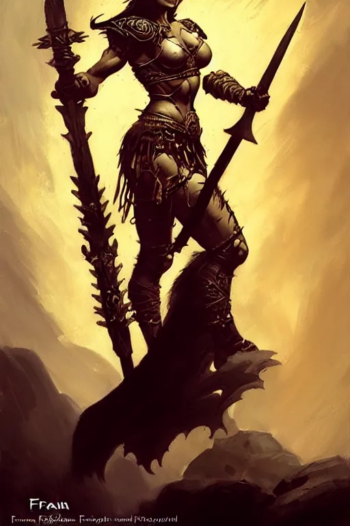 Image similar to warrior princess character portrait by frank frazetta - wearing ornate armor, holding a spear, striking a pose, fantasy, dungeons & dragons, sharp focus, beautiful, artstation contest winner, detailed