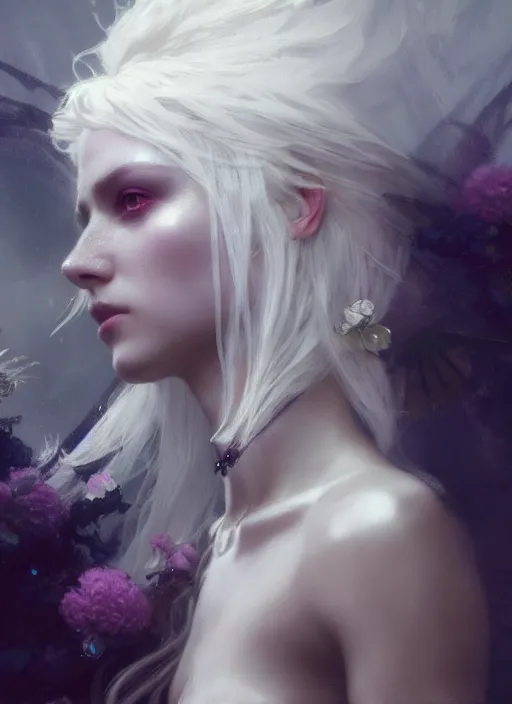 Prompt: a beautiful white haired princess, adorned with precious stone jewelry, intricate concept art, ethereal, ominous, gorgeous dark fantasy, misty, dramatic lighting, octane render, 8 k, ruan jia and jeremy mann and alphonse mucha