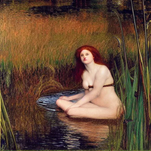 Image similar to breathtaking masterpiece of art, elizabeth eleanor siddall as ophelia floating on the water amongst the reeds by william holman hunt and rosetti, 8 k