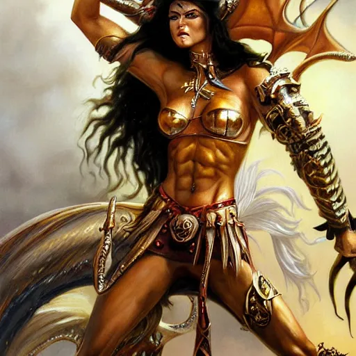 Prompt: detailed oil painting of tall hyper - muscular shining bronze - skinned warrior woman with silver eyes, riding a dragon, wearing xena armor, full body, with long wavy flowing black hair and big gold earrings, jewelry, red lipstick, makeup, feminine, volumetric lighting, dynamic composition, art by boris vallejo, heavy metal magazine