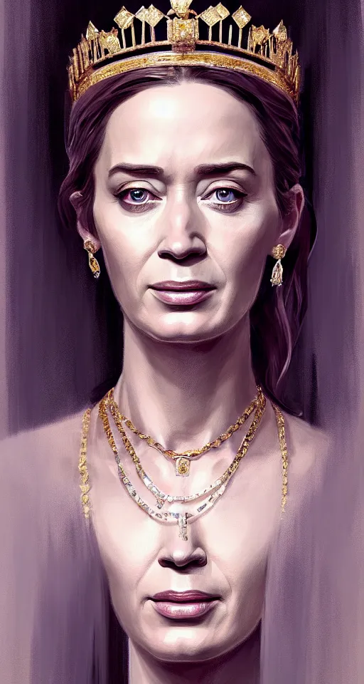 Image similar to portrait of emily blunt as queen, jewelry, greek, sapphire, victorian age, 1 8 9 0, intricate, headshot, key visual, conceptart, ambient lighting, highly detailed, digital painting, artstation, concept art, sharp focus, by makoto shinkai and akihiko yoshida and greg manchess