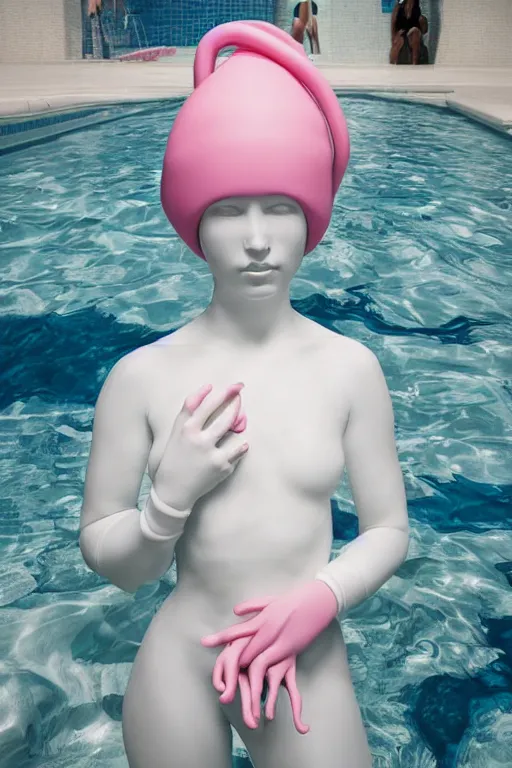 Image similar to full head and shoulders, beautiful porcelain female person, smooth, delicate facial features, big detailed eyes, white lashes, wearing a pale blue swimming cap and pale pink swimming costume, 3 d white large octopus tentacles, standing in a pastel soviet swimming pool, by daniel arsham and james jean