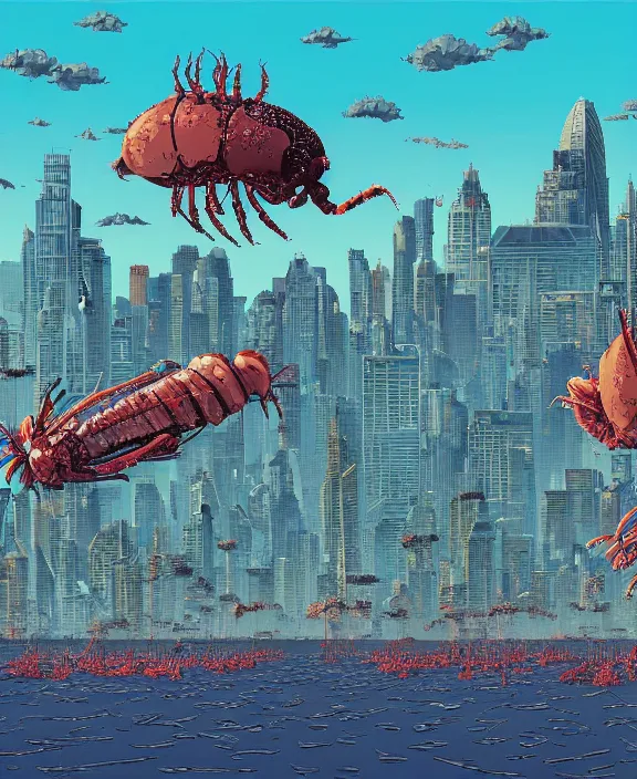 Prompt: city skyline made from obese sea slug lobsters, in the style of a puffy spaceship, skeletons, partly cloudy, spooky, dramatic lighting, by geof darrow, bill sienkiewicz, dan mumford, yusuke murata, makoto shinkai, ross tran, cinematic, unreal engine, cel shaded, featured on artstation, pixiv