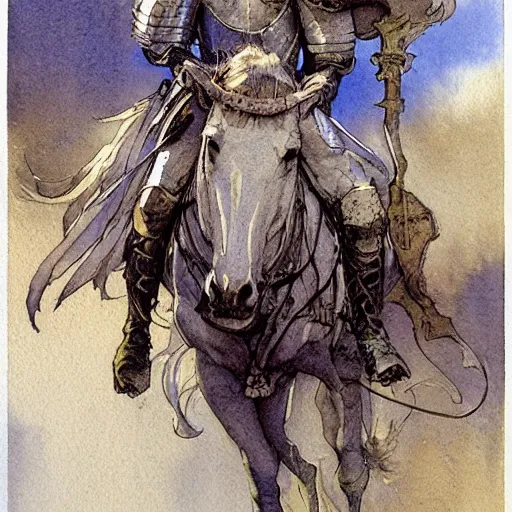 Prompt: a realistic and atmospheric watercolour fantasy concept art of a knight on a white horse, muted colors. by rebecca guay, michael kaluta, charles vess and jean moebius giraud,