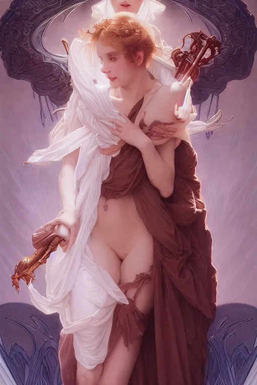 Image similar to Portrait of beautiful pale demonic angelic girl with devil\'s horns and nimbus, cinematic lighting, intricate, elegant, highly detailed, digital painting, artstation, smooth, sharp focus, illustration, art by artgerm and greg rutkowski and alphonse mucha and Wayne Barlowe and william-adolphe bouguereau