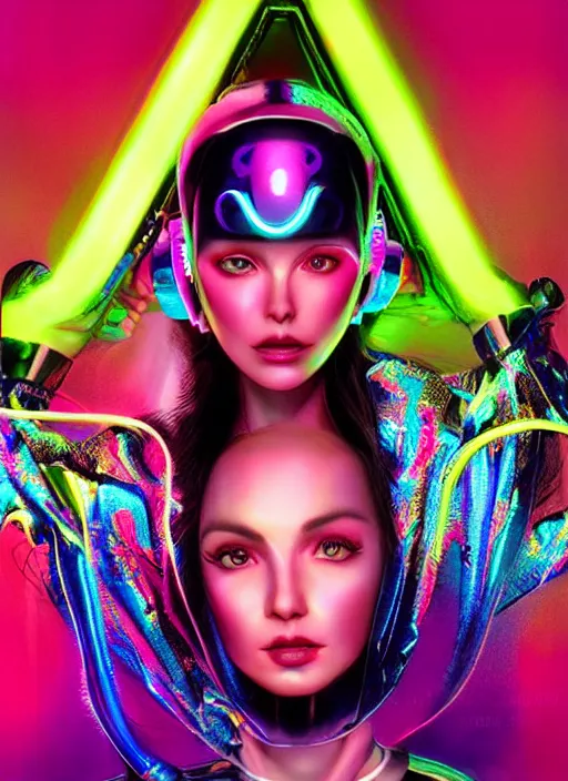 Image similar to gorgeous android woman facial portrait dressed in an aerobic sci - fi outfit of the eighties with neon colors and head band, retro, beautiful lights, vintage look, depth of field, hyper realistic, illustration, airbrush, 8 k, intricate, duo tone, art by david la chapelle and philip castle, artgerm