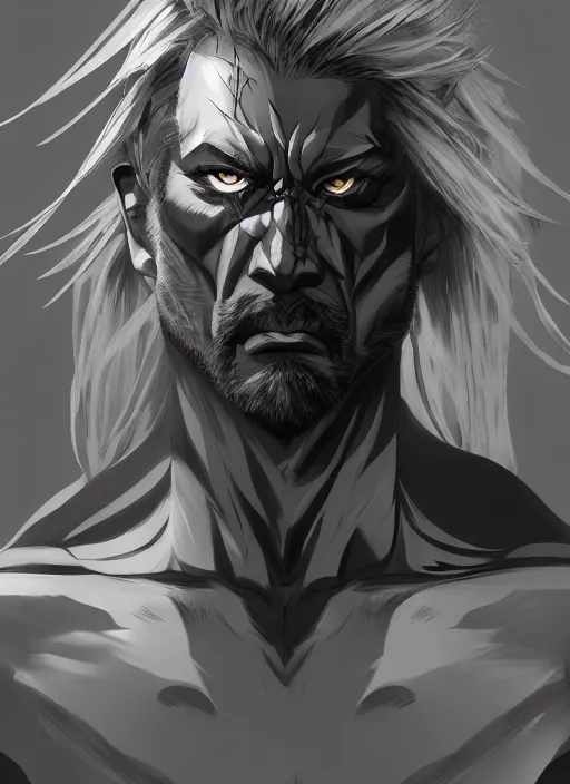 Image similar to Half body portrait of mature muscular man with long silver hair, half man half wolf. In style of Yoji Shinkawa and Hyung-tae Kim, trending on ArtStation, dark fantasy, great composition, concept art, highly detailed, dynamic pose.