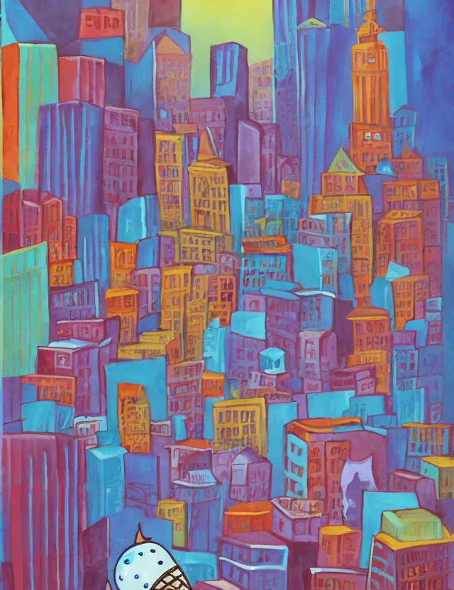 Prompt: ice cream spirit lost in a metropolis. this art noveau gouache painting by the award - winning artist has an interesting color scheme.