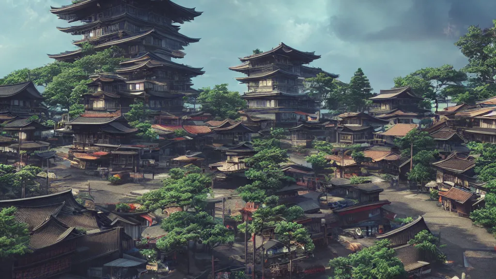 Image similar to small, oriental, japanese village with cyberpunk, techno - futuristic elements, designed in blender, octane render, fantasy, landscape, hyperrealistic, highly detailed, 4 k hd